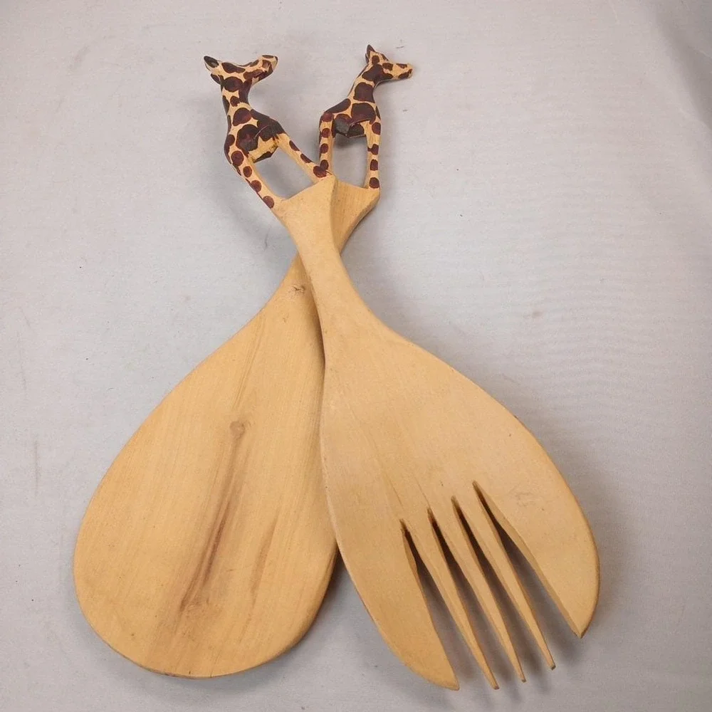 Hand Carved Hand Painted Giraffe Wooden Fork And Spoon Set Wall Decor